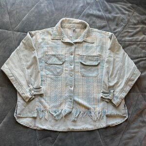 Grace + Karma blue and white denim & tweed Plaid Patchwork Shacket jacket Large
